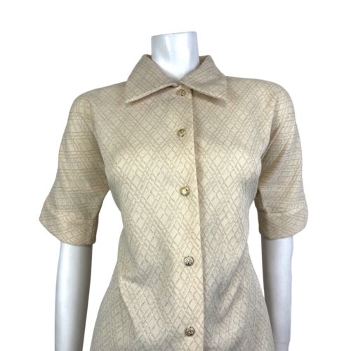 VINTAGE 60s 70s CREAM GOLD DIAMOND CHECKED MOD DISCO PARTY DAGGER SHIRT 12 14