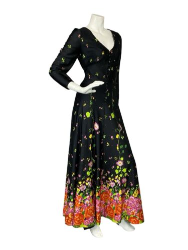 VTG 70S BLACK GREEN PINK ORANGE FLORAL PLUNGING NECK BUTTON UP MAXI DRESS 10 12