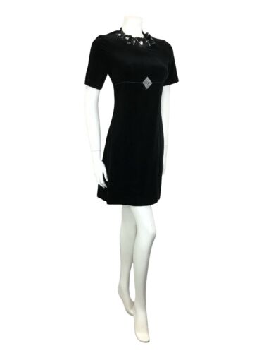VTG 60S MOD EMPIRE LINE BLACK VELVET SEQUIN DIAMANTE FLOWER BEADED MINI DRESS 6