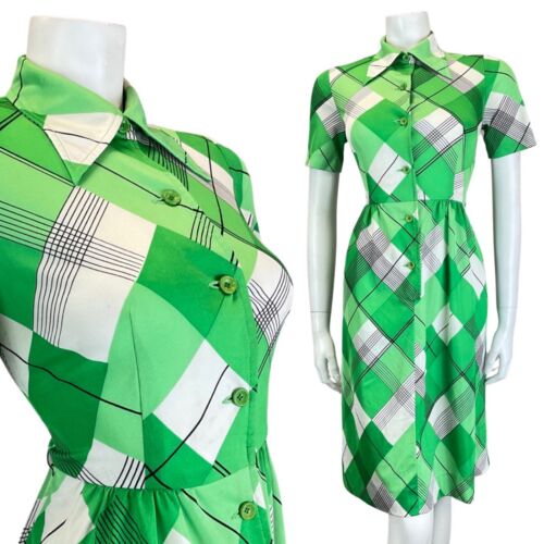 VINTAGE 60s 70s GREEN WHITE BLACK PLAID CHECKED MOD DAGGER SHIRT DRESS 8 10