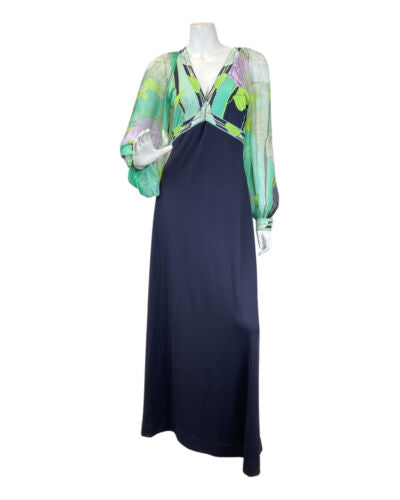 VINTAGE 60s 70s BLACK GREEN LILAC FLORAL SHEER SILK LEONARD MAXI DRESS 8 10