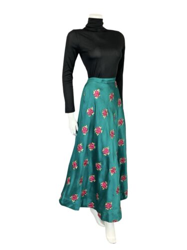 VTG 60S 70S TEAL GOLD PINK SHIMMERY FLORAL EMBROIDERED PARTY MAXI SKIRT 4 6