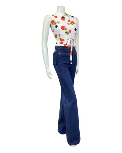 VINTAGE 60s 70s WHITE RED BLUE DOTTY FLORAL MOD BELTED SLEEVELESS TOP 12 14