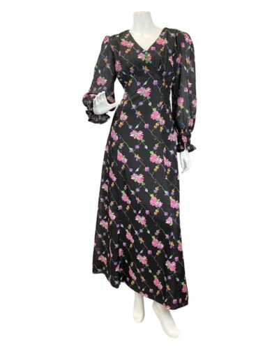 VINTAGE 60s 70s BLACK PINK PURPLE FLORAL VINE SHEER MAXI DRESS 12