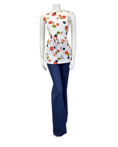 VINTAGE 60s 70s WHITE RED BLUE DOTTY FLORAL MOD BELTED SLEEVELESS TOP 12 14
