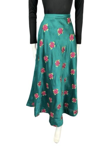 VTG 60S 70S TEAL GOLD PINK SHIMMERY FLORAL EMBROIDERED PARTY MAXI SKIRT 4 6