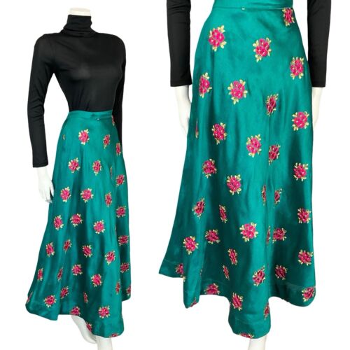 VTG 60S 70S TEAL GOLD PINK SHIMMERY FLORAL EMBROIDERED PARTY MAXI SKIRT 4 6