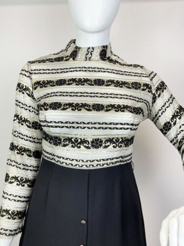 VTG 60s 70s BLACK SILVER GOLD STRIPED FLORAL SHEER PARTY GLAM FITTED DRESS 16