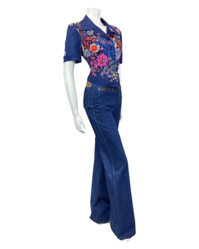VINTAGE 60s 70s BLUE ORANGE PINK PSYCHEDELIC FLORAL DAGGER CROPPED BLOUSE 16