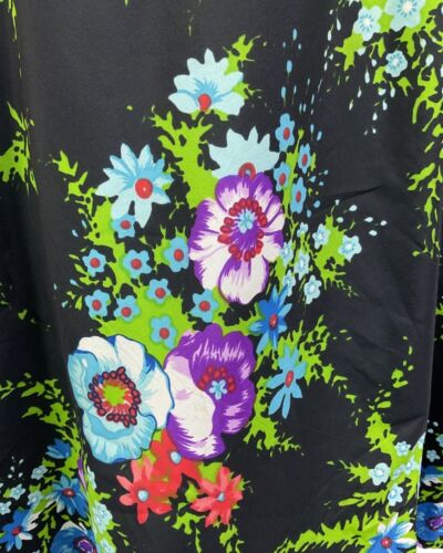 VINTAGE 60s 70s BLACK GREEN BLUE FLORAL BOUQUET CUT-OUT SUMMER SUN-DRESS 12
