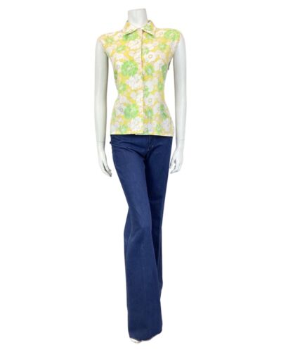 VINTAGE 60s 70s YELLOW WHITE GREEN FLORAL SLEEVELESS SHIRT BLOUSE 16 18