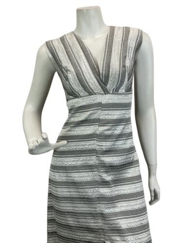 VINTAGE 60s 70s SILVER PLUNGE NECK DISCO PARTY EVENING MAXI DRESS 8 10