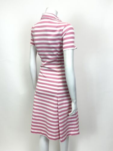 VINTAGE 60s 70s PINK WHITE STRIPED MOD DAGGER COLLAR SWING SHIRT DRESS 10