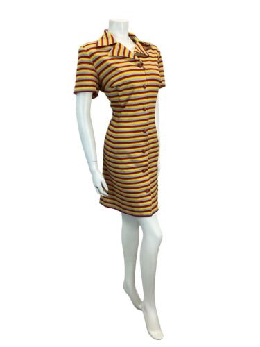 VTG 70S RED YELLOW BLUE STRIPED SHIRT DRESS SCOOTER MOD SHIRT DRESS 14 16 18