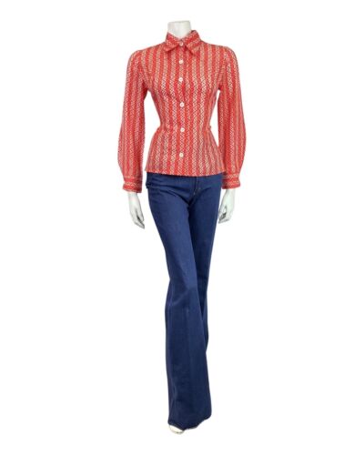VINTAGE 60s 70s RED WHITE FLORAL DOTTY STRIPED MOD DAGGER BLOUSE SHIRT 10
