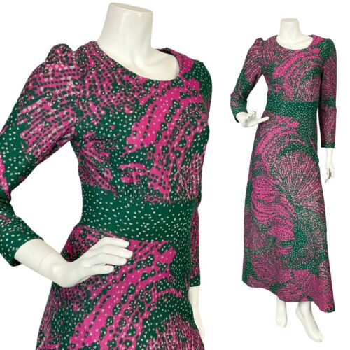 VTG 60S 70S PINK GREEN SILVER PSYCHDELIC DOTTY LONG SLEEVE PARTY MAXI DRESS 4