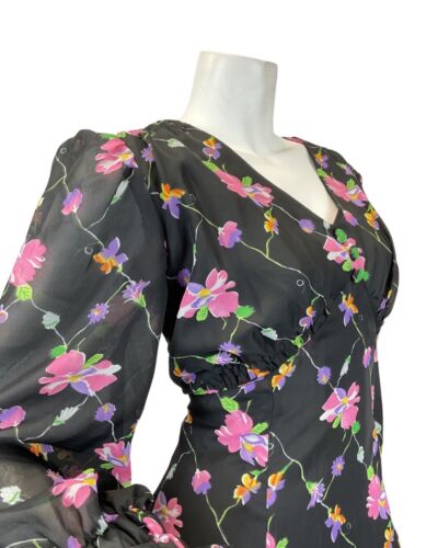 VINTAGE 60s 70s BLACK PINK PURPLE FLORAL VINE SHEER MAXI DRESS 12