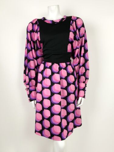 VTG 60s 70s BLACK PINK LILAC PURPLE OP-ART GEOMETRIC BATWING SLEEVE DRESS 14 16