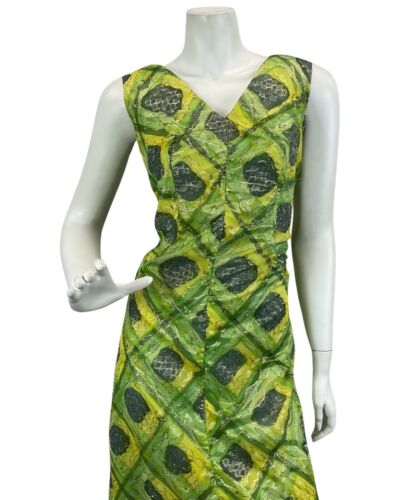 VINTAGE 60s 70s GREEN YELLOW GOLD SPARKLY DISCO PARTY EVENING MAXI DRESS 14