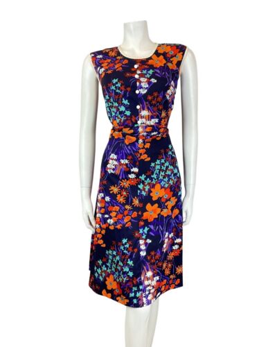 VINTAGE 60s 70s PURPLE ORANGE TEAL FLORAL MOD SLEEVELESS DRESS 12 14