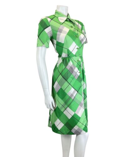 VINTAGE 60s 70s GREEN WHITE BLACK PLAID CHECKED MOD DAGGER SHIRT DRESS 8 10