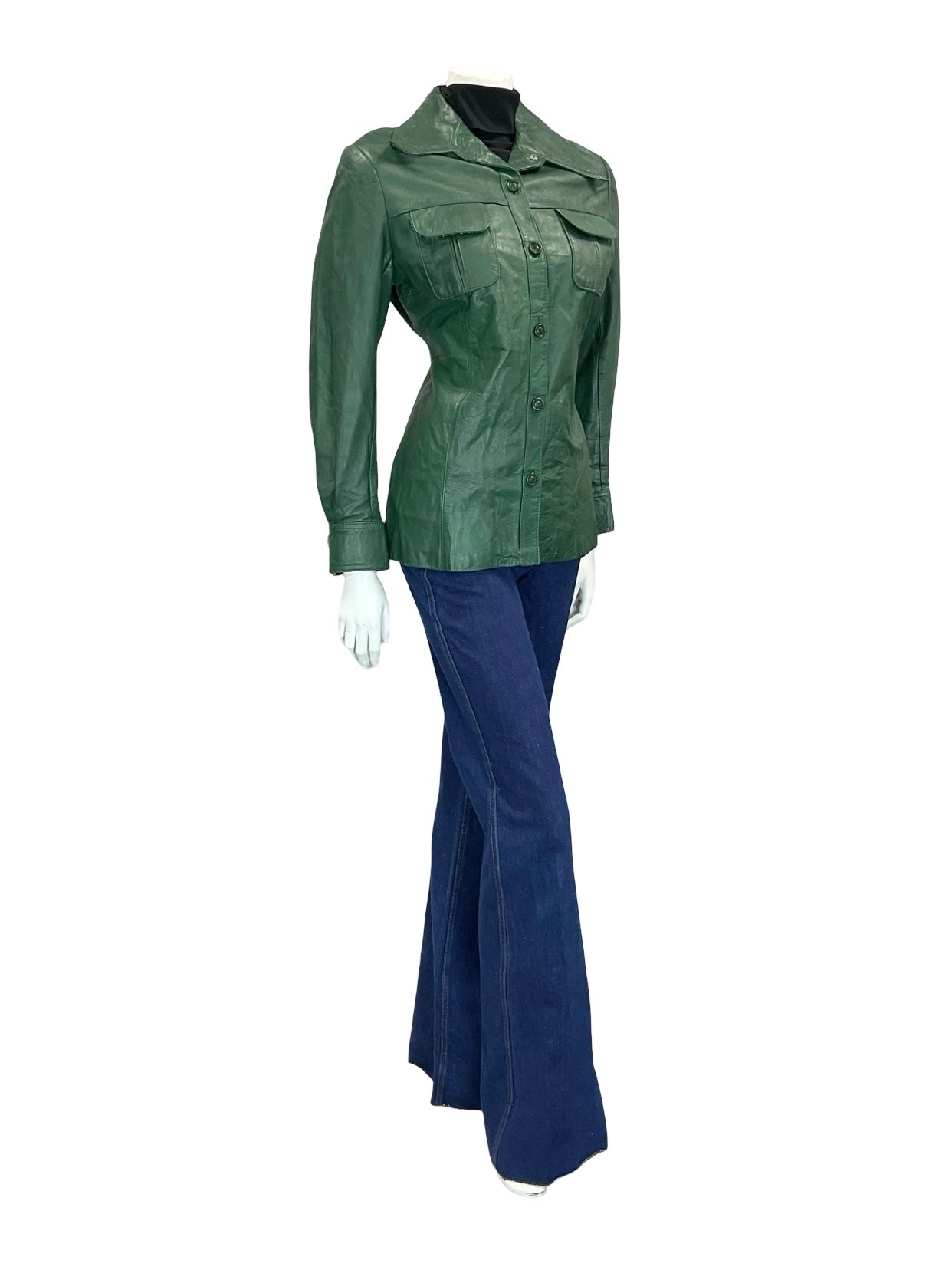 VTG 60S 70S FOREST GREEN DAGGER COLLAR BUTTON DOWN LEATHER JACKET 12 W POCKETS