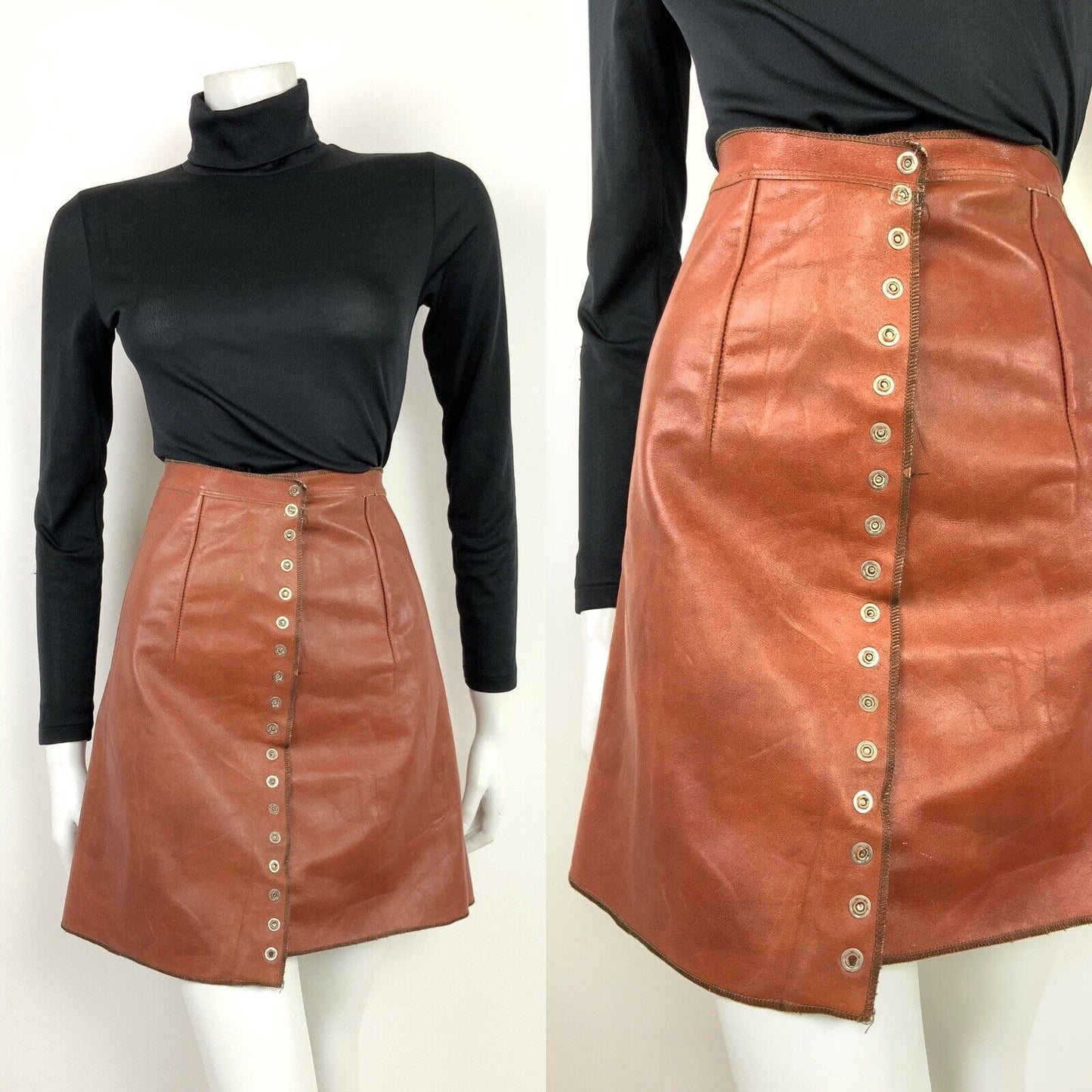 VTG 60s 70s RUST TAN BROWN PRESSER STUD ASYMMETRICAL LEATHER A-LINE SKIRT 8 10