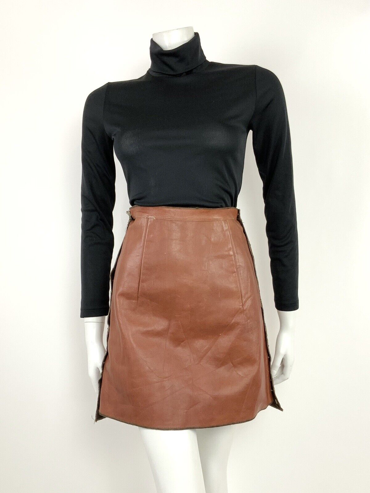 VTG 60s 70s RUST TAN BROWN PRESSER STUD ASYMMETRICAL LEATHER A-LINE SKIRT 8 10