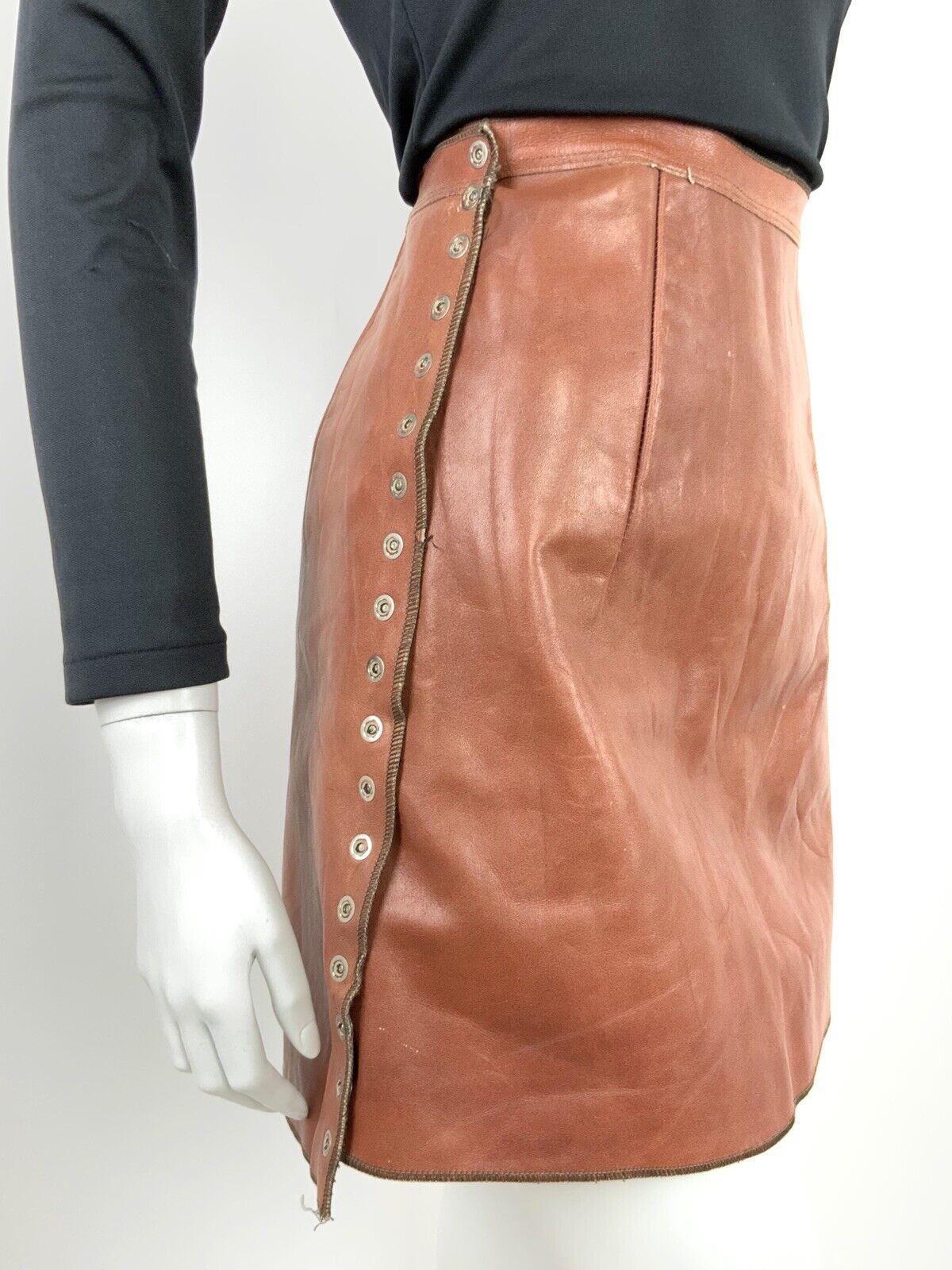 VTG 60s 70s RUST TAN BROWN PRESSER STUD ASYMMETRICAL LEATHER A-LINE SKIRT 8 10