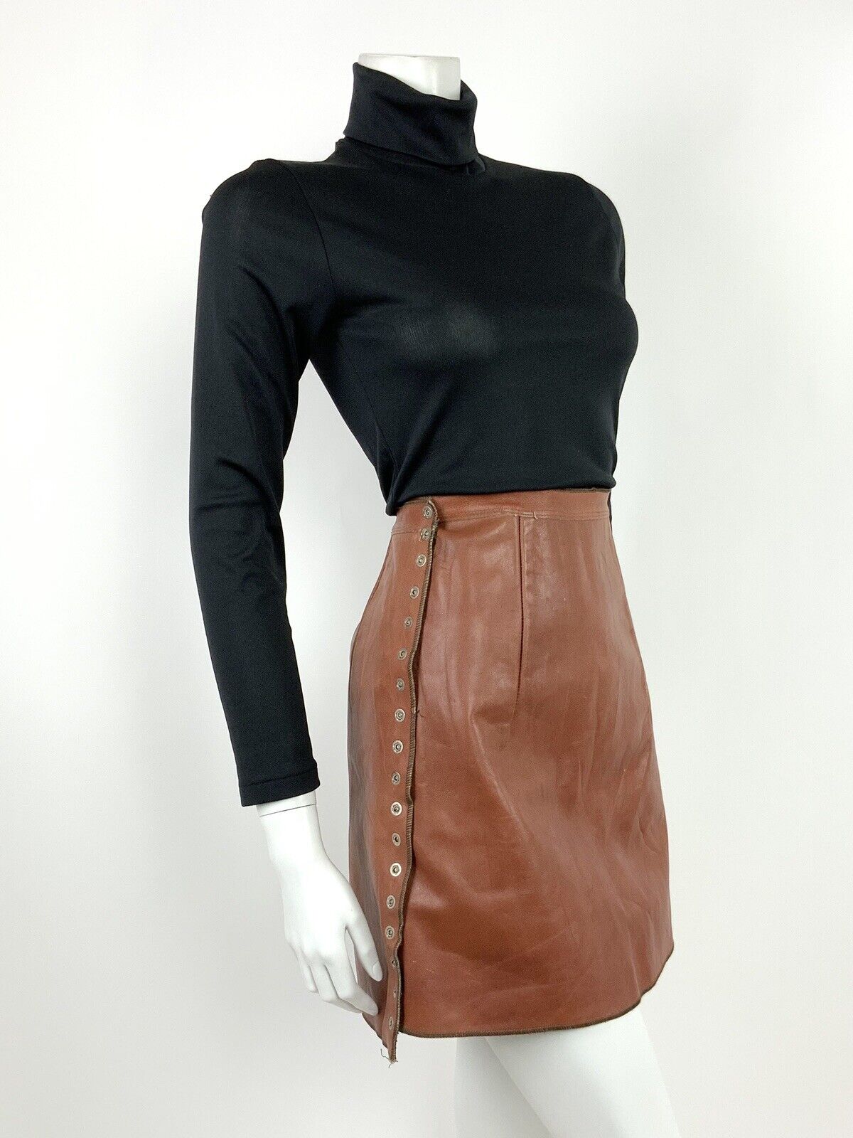 VTG 60s 70s RUST TAN BROWN PRESSER STUD ASYMMETRICAL LEATHER A-LINE SKIRT 8 10