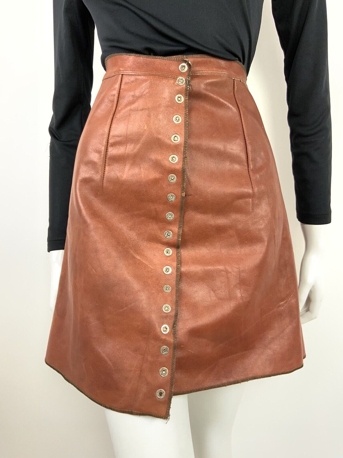 VTG 60s 70s RUST TAN BROWN PRESSER STUD ASYMMETRICAL LEATHER A-LINE SKIRT 8 10