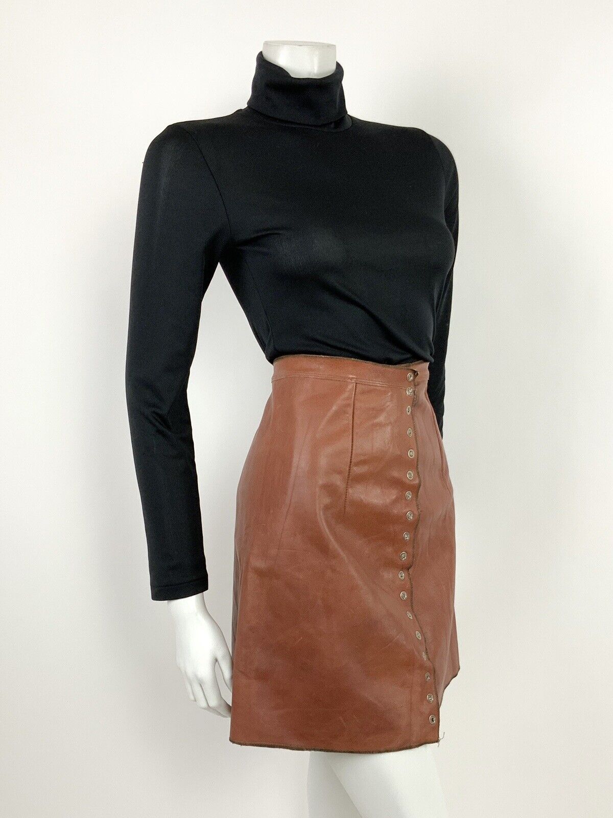 VTG 60s 70s RUST TAN BROWN PRESSER STUD ASYMMETRICAL LEATHER A-LINE SKIRT 8 10