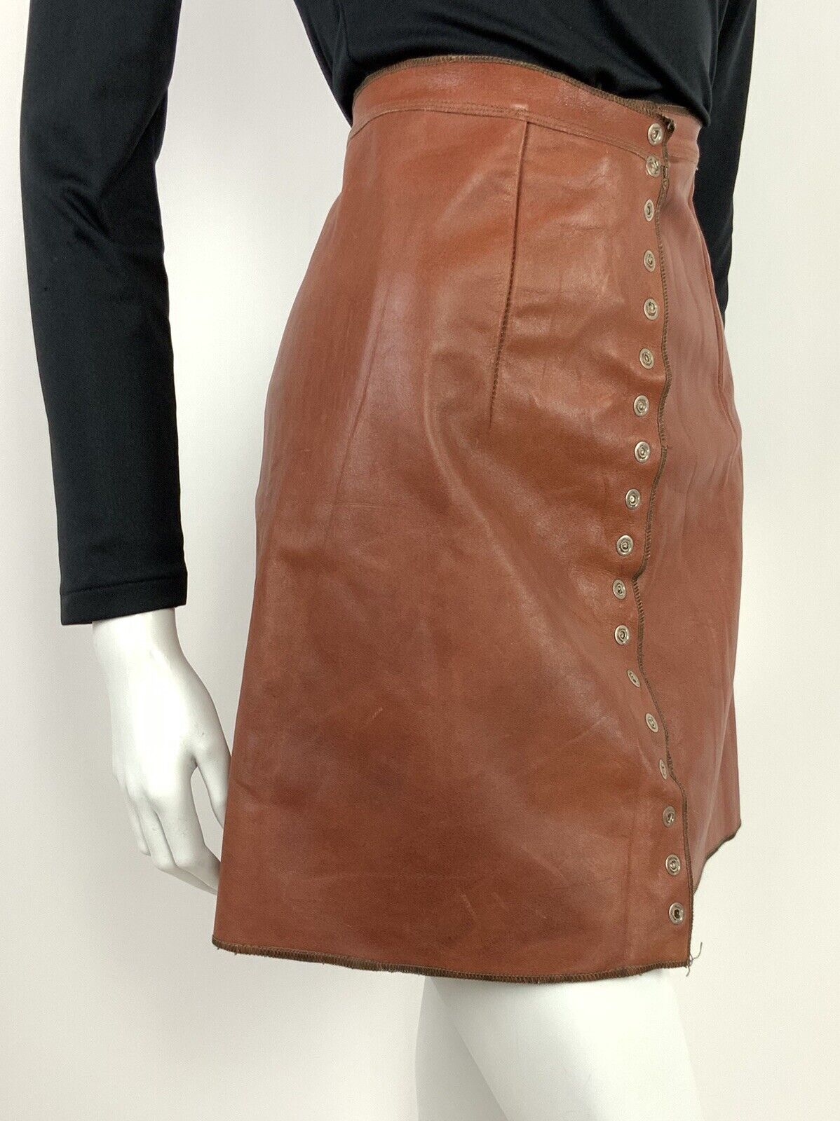 VTG 60s 70s RUST TAN BROWN PRESSER STUD ASYMMETRICAL LEATHER A-LINE SKIRT 8 10