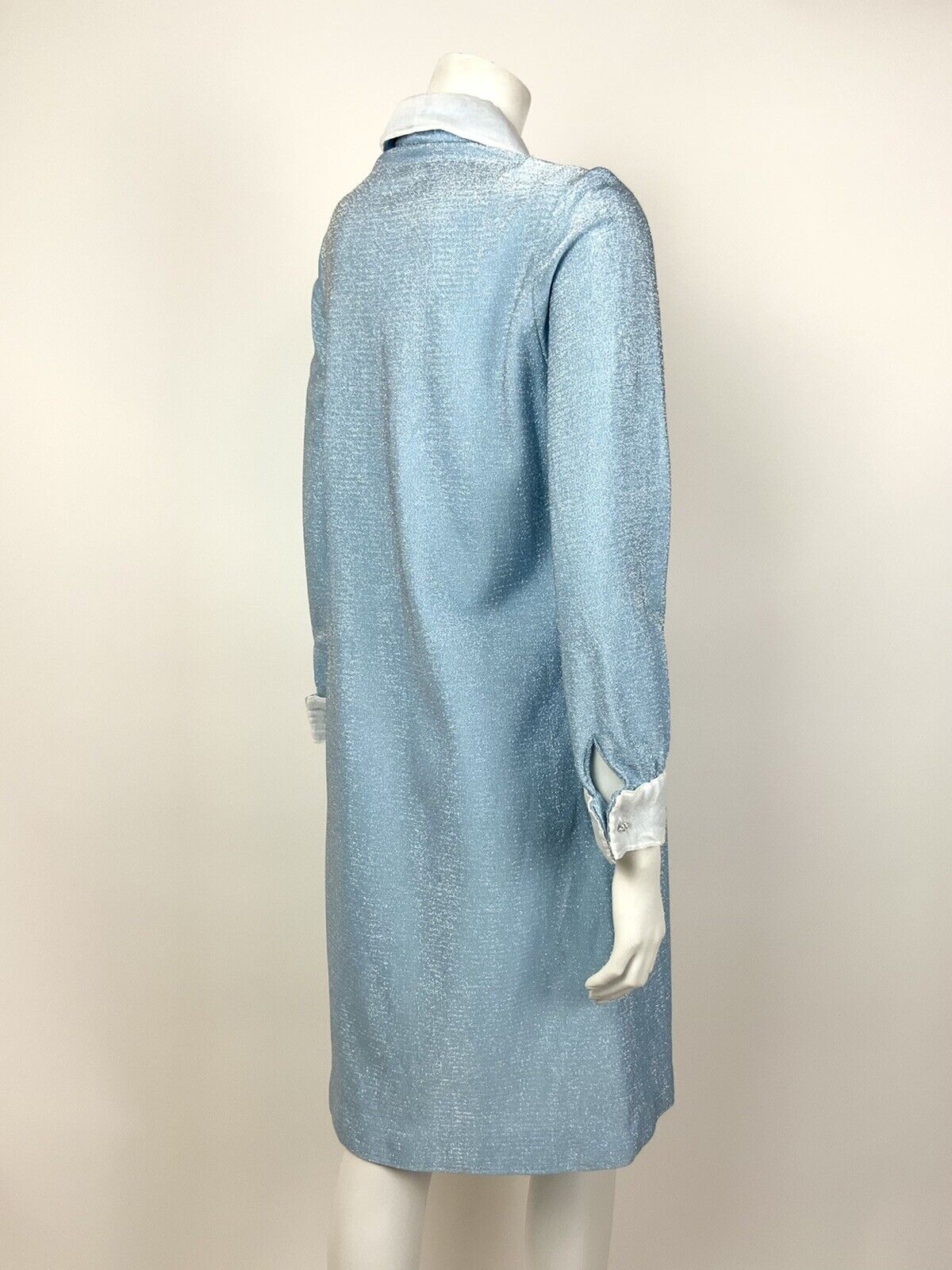 VTG MOD 60s 70s BABY BLUE SILVER LUREX BERMUDA COLLAR DIAMANTE SHIRT DRESS 10 12