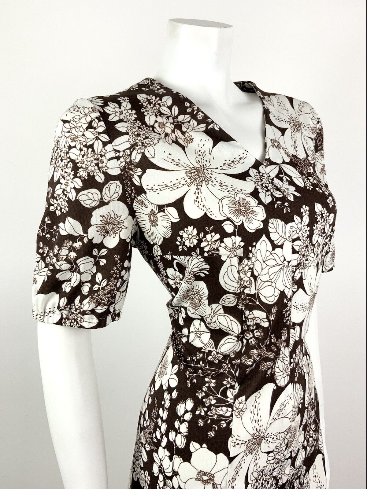 VINTAGE 60s 70s DEEP BROWN WHITE FLORAL BOTANICAL SUMMER DRESS 16 18