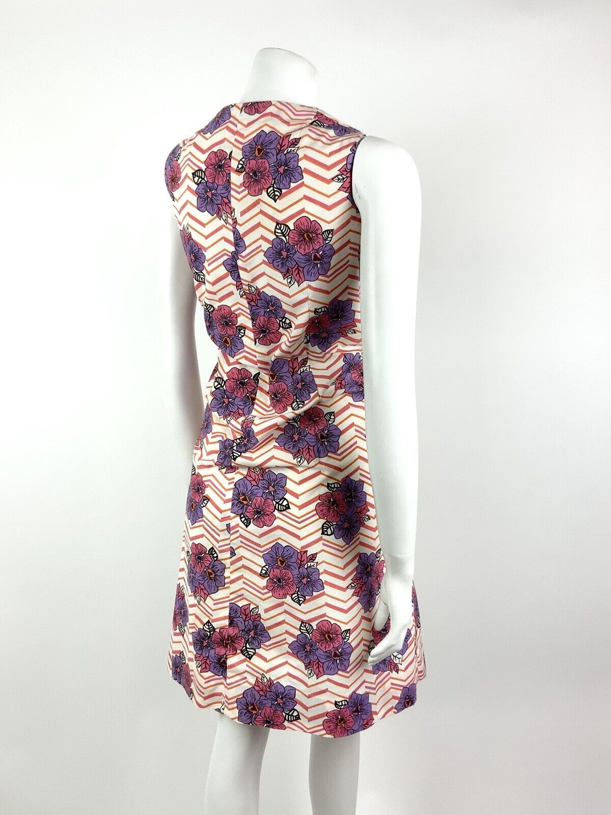 *VTG 60s 70s WHITE PINK PURPLE ORANGE CHEVRON FLORAL COTTON SUMMER DRESS 14 16