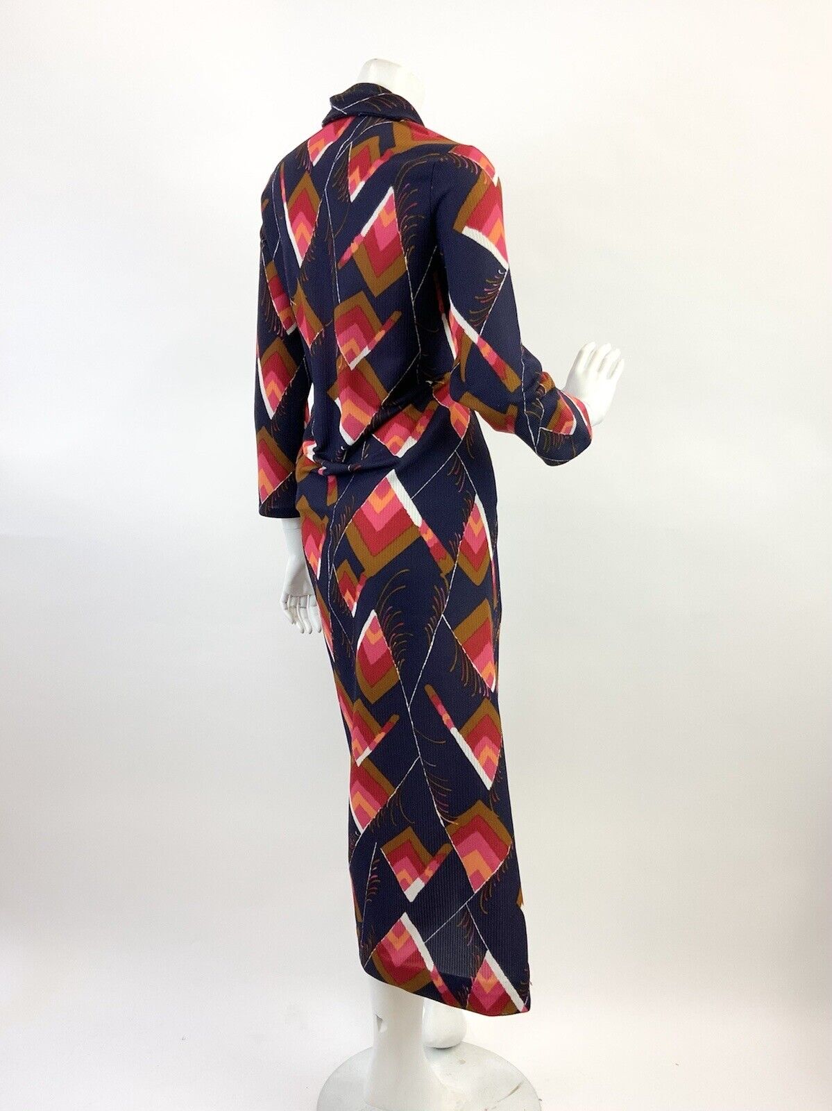VTG 60s 70s BLUE RED PINK BROWN GEOMETRIC FEATHER SPOON SHIRT MAXI DRESS 12 14