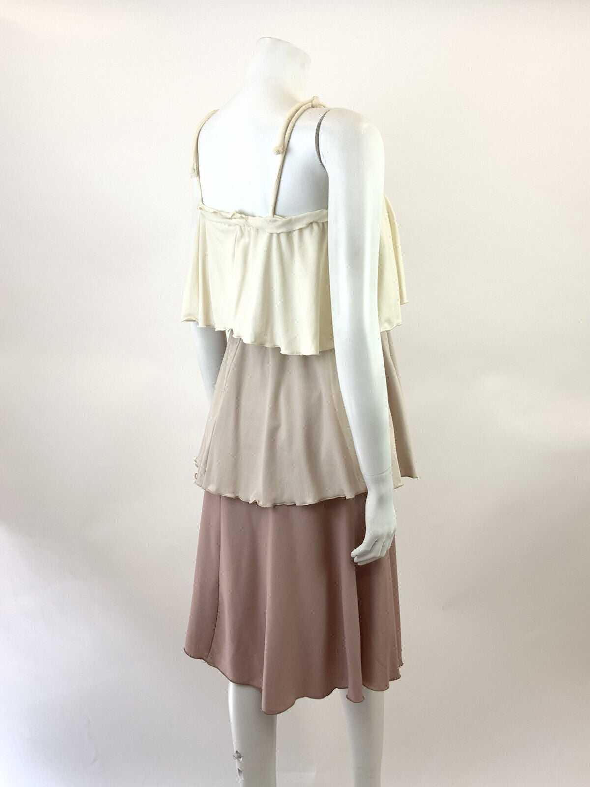 VTG 60s 70s CREAM BEIGE BROWN TIERED FLAPPER STUDIO 54 STRAPPY SUN-DRESS 8 10