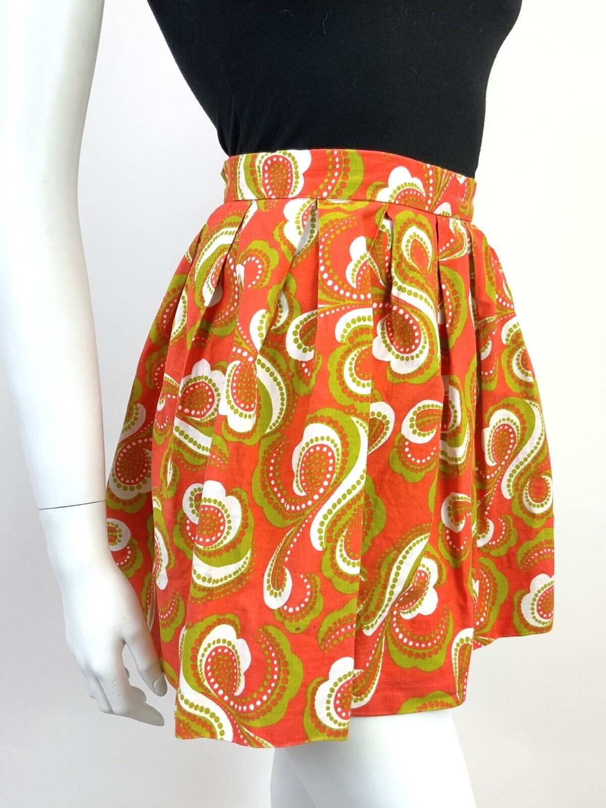 VINTAGE 60s 70s ORANGE GREEN WHITE PSYCHEDELIC PAISLEY FLORAL PLEATED SKIRT 4
