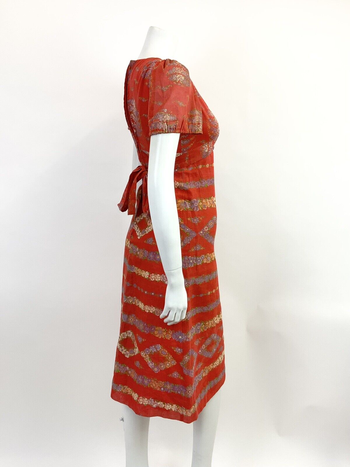 VINTAGE 60s 70s RED PURPLE GREEN FLORAL STRIPED RICRAC BOHO FOLK MIDI DRESS 6