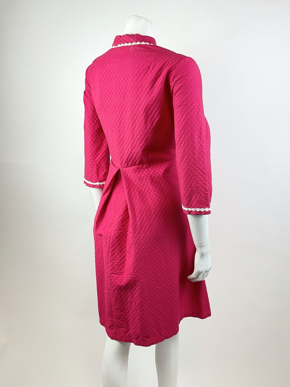 VINTAGE 60s 70s FUCHSIA PINK WHITE QUILTED DAISY MANDARIN COLLAR MOD DRESS 10 12