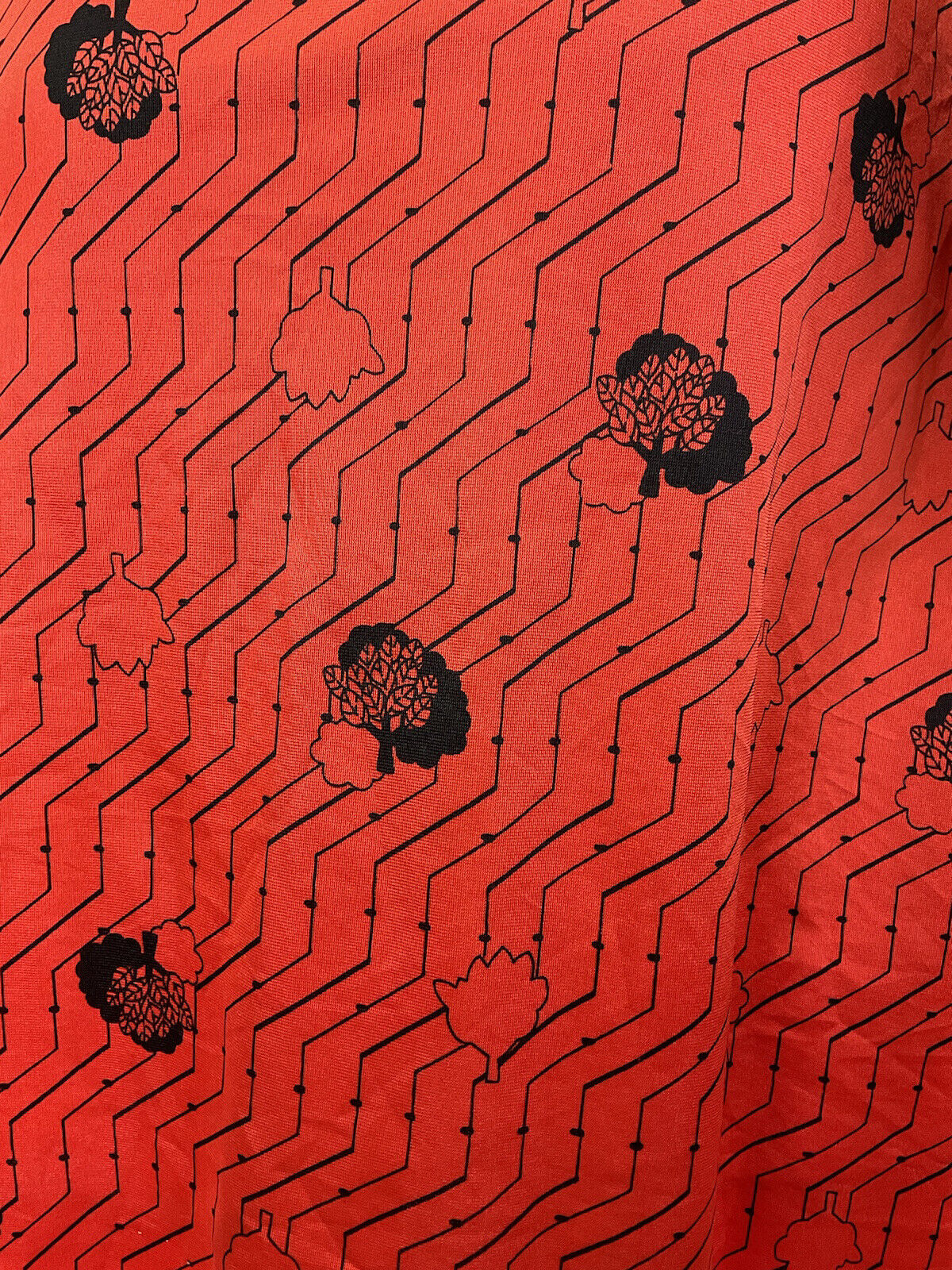 VINTAGE 60s 70s RED BLACK ZIG-ZAG TREE LEAFY MOD DAGGER SHIRT DRESS 14 16