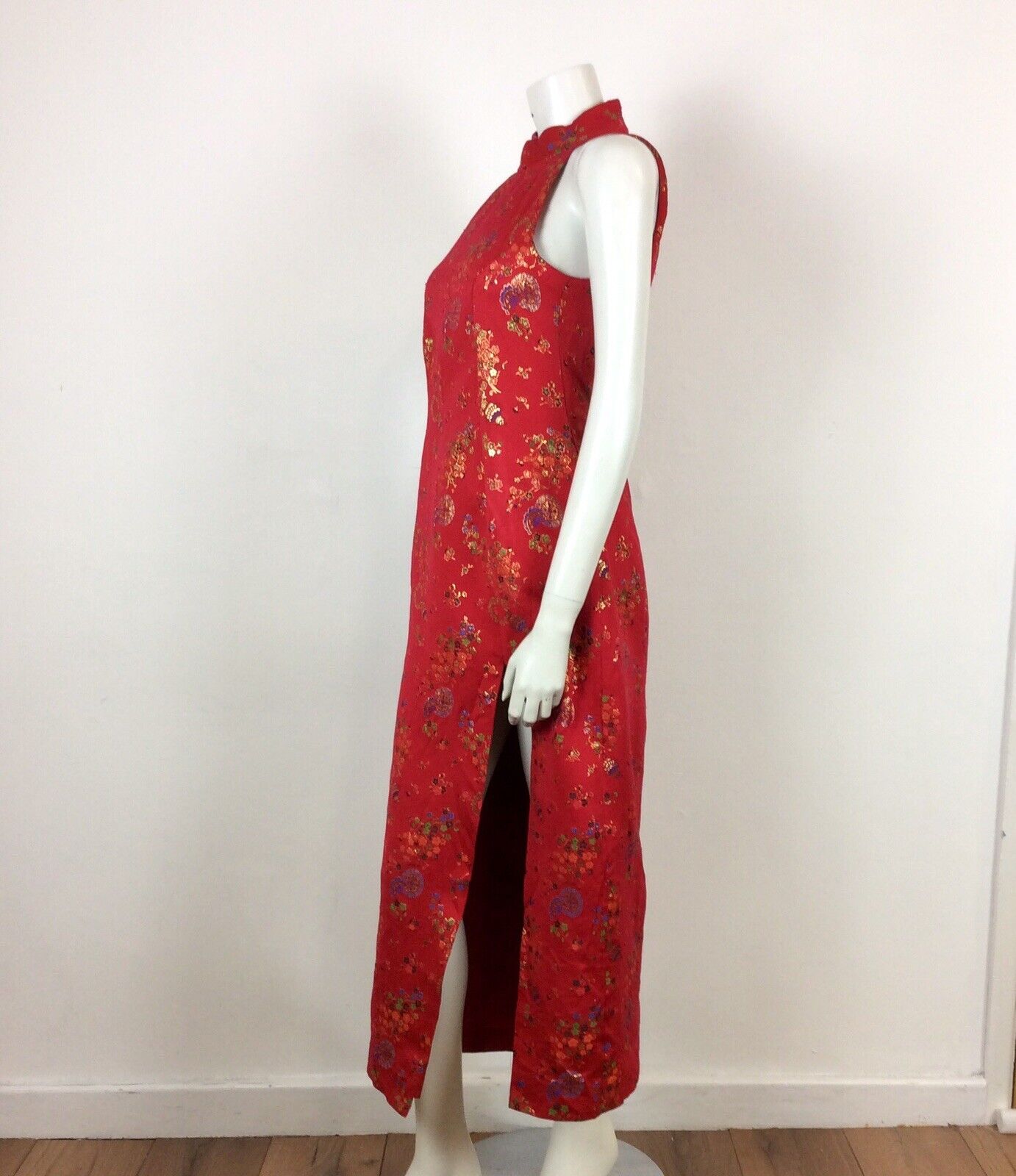 VTG 70’s Chinese Qipao Cheongsam dress red gold blue green black floral 6 8