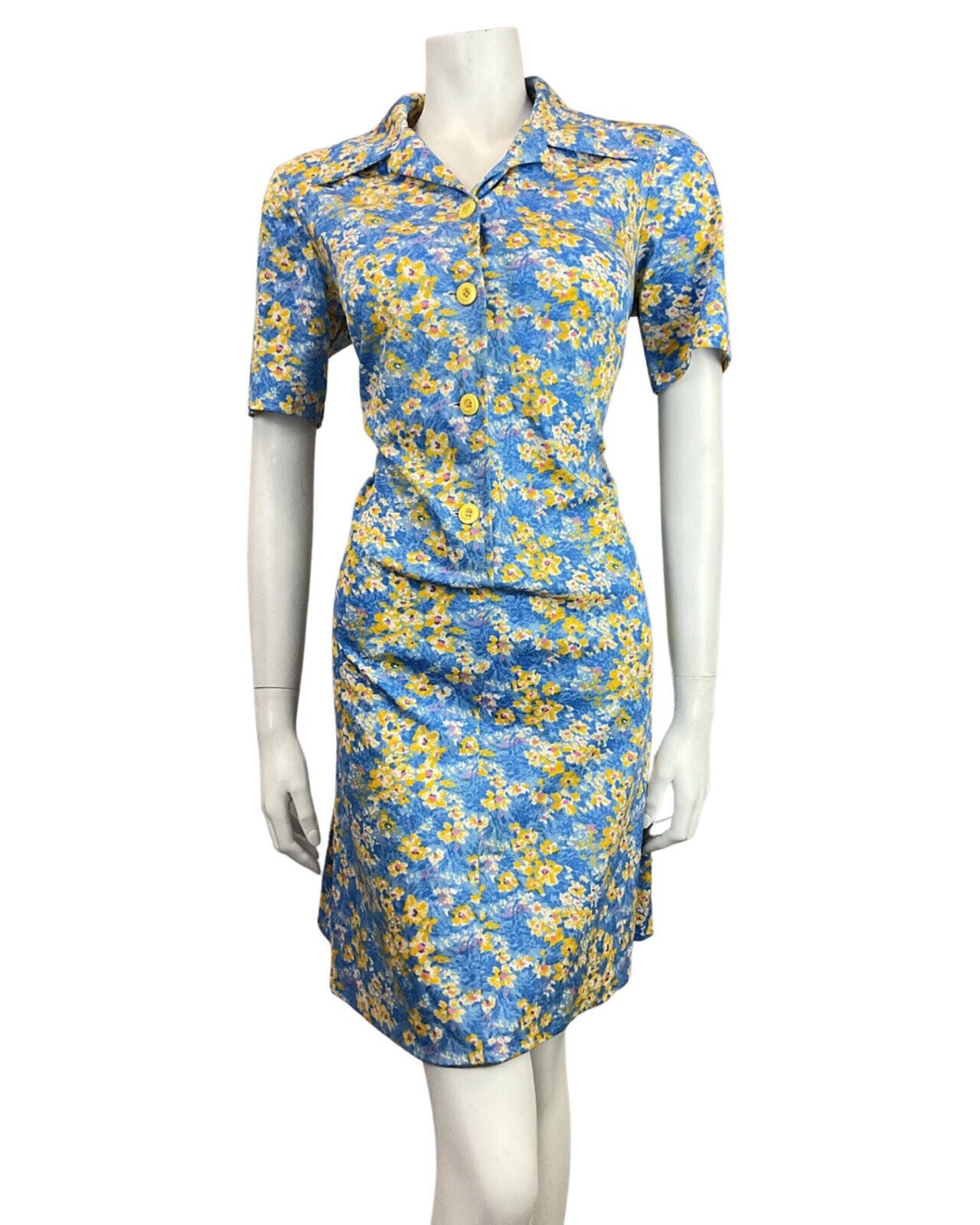 VINTAGE 60s 70s BLUE NAVY YELLOW PSYCHEDELIC FLORAL MOD DAGGER SHIRT DRESS 16