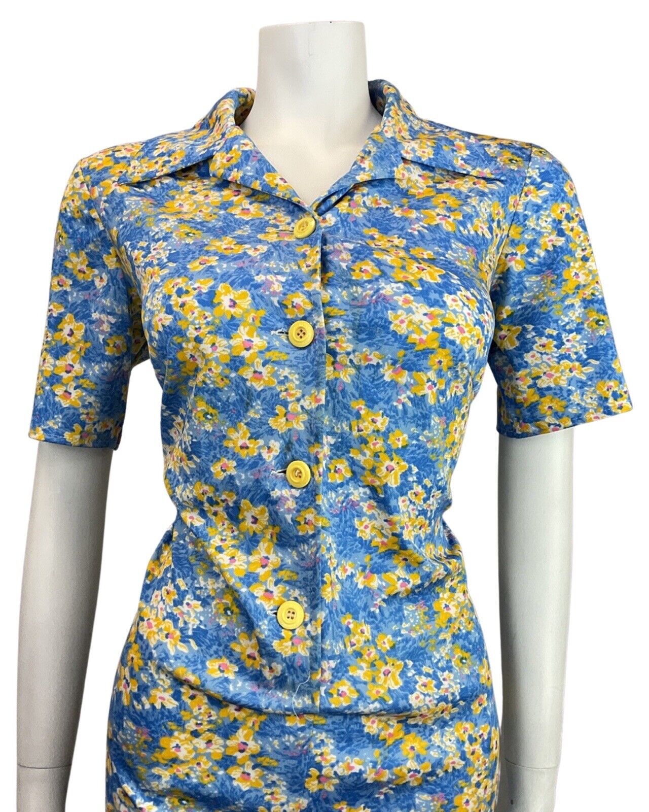VINTAGE 60s 70s BLUE NAVY YELLOW PSYCHEDELIC FLORAL MOD DAGGER SHIRT DRESS 16