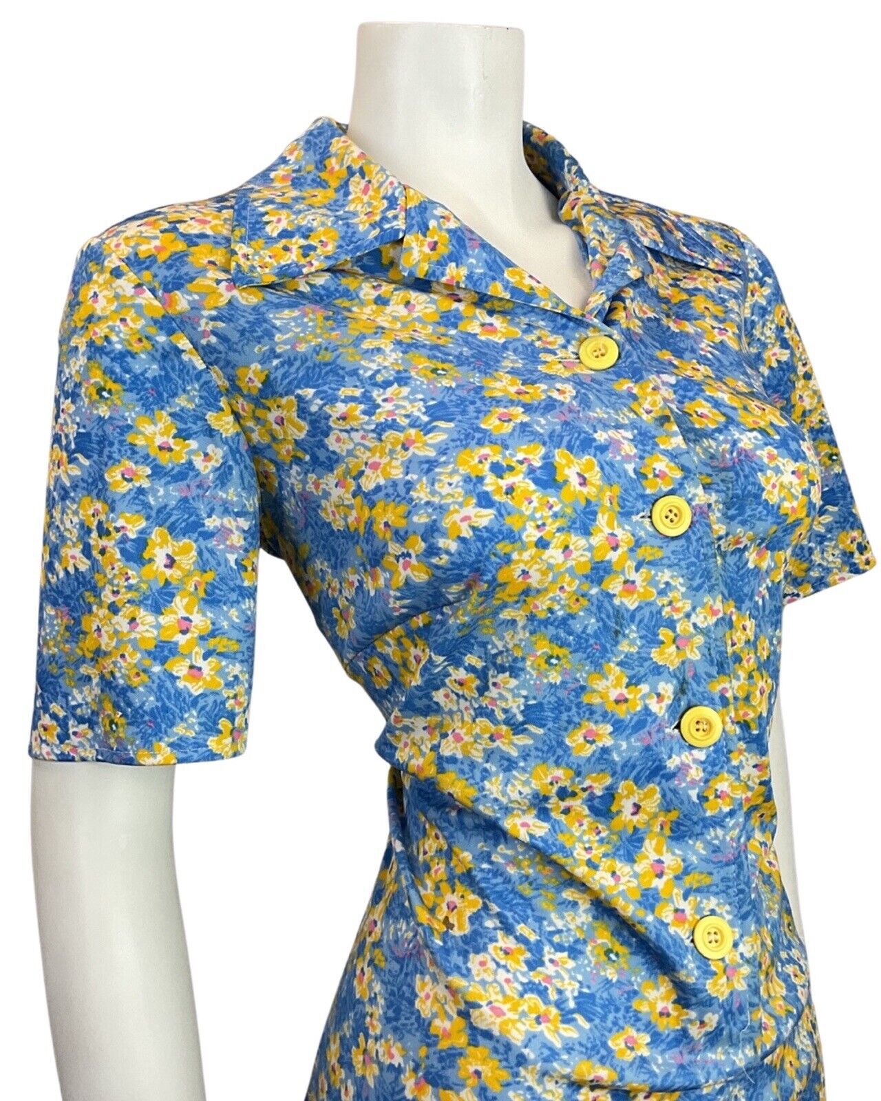 VINTAGE 60s 70s BLUE NAVY YELLOW PSYCHEDELIC FLORAL MOD DAGGER SHIRT DRESS 16