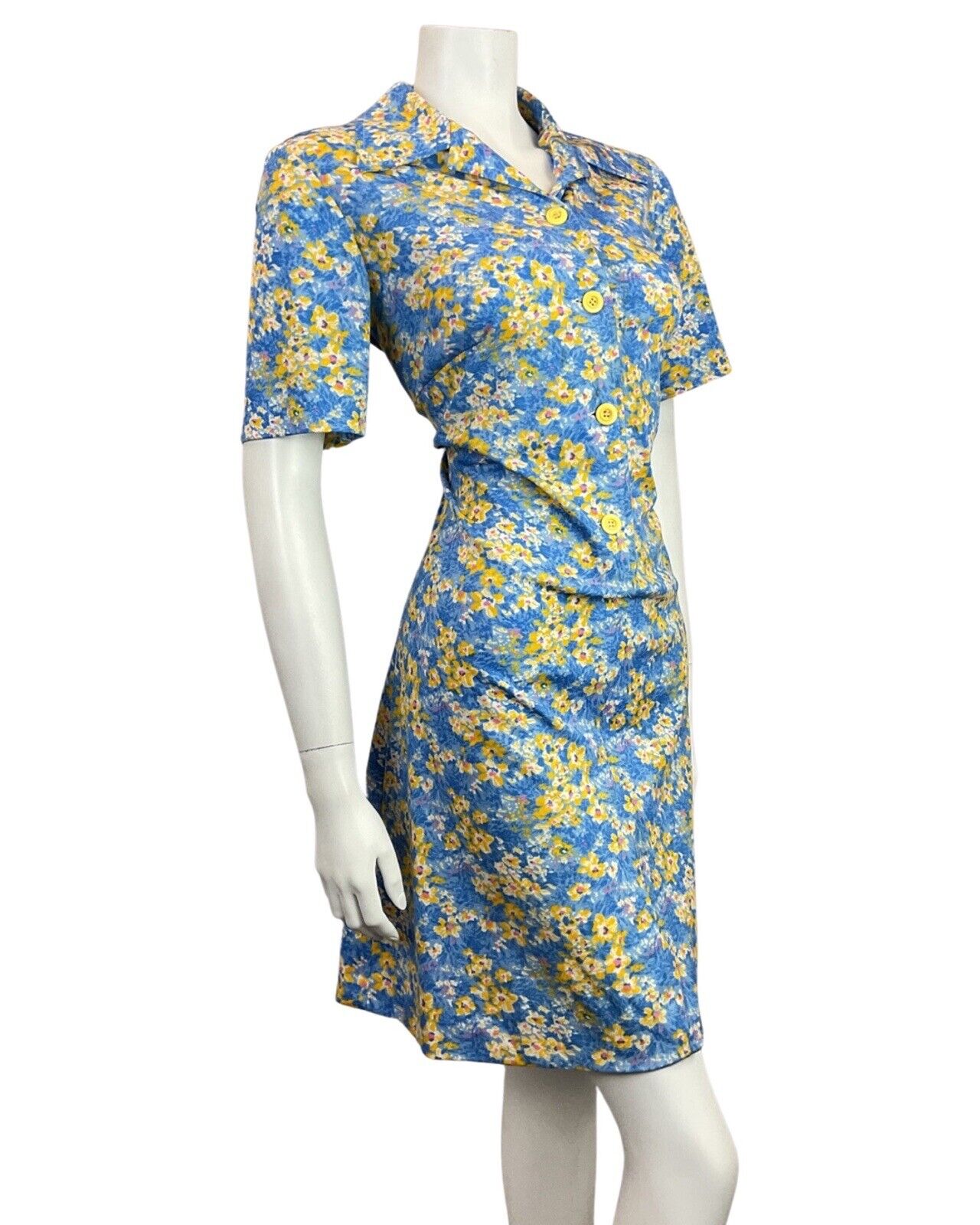 VINTAGE 60s 70s BLUE NAVY YELLOW PSYCHEDELIC FLORAL MOD DAGGER SHIRT DRESS 16