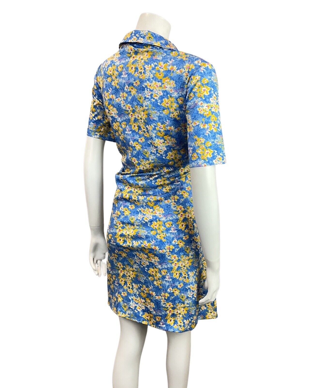 VINTAGE 60s 70s BLUE NAVY YELLOW PSYCHEDELIC FLORAL MOD DAGGER SHIRT DRESS 16