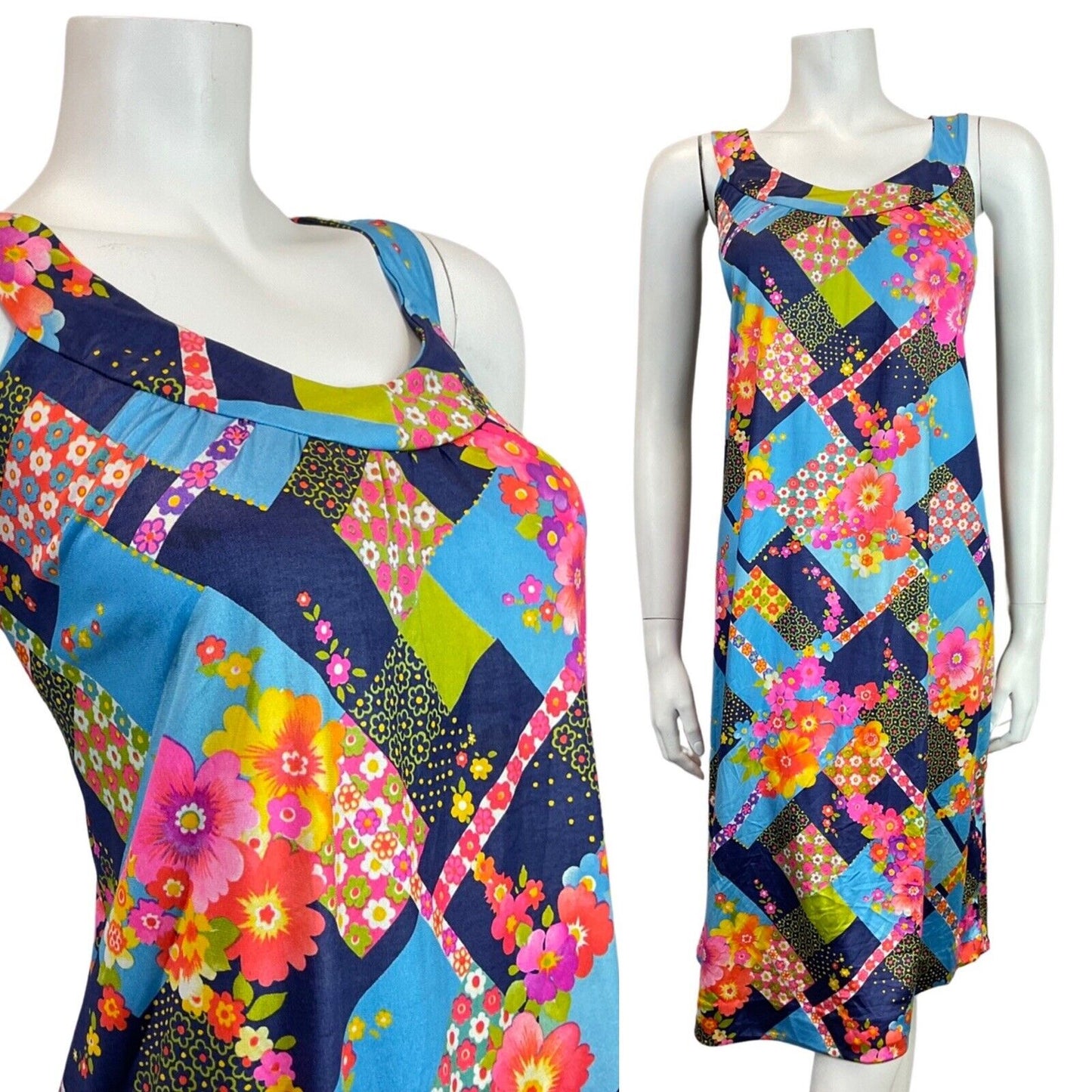 VINTAGE 60s 70s BLUE PINK YELLOW PATCHWORK FLORAL MOD TENT A-LINE DRESS 16 18