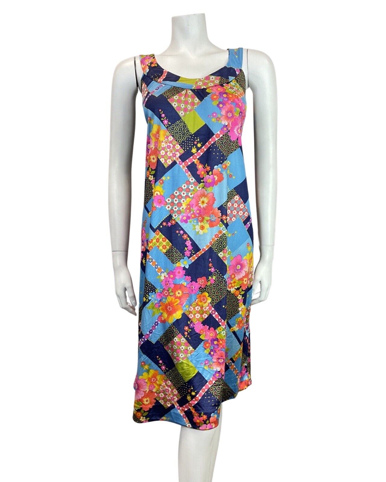 VINTAGE 60s 70s BLUE PINK YELLOW PATCHWORK FLORAL MOD TENT A-LINE DRESS 16 18